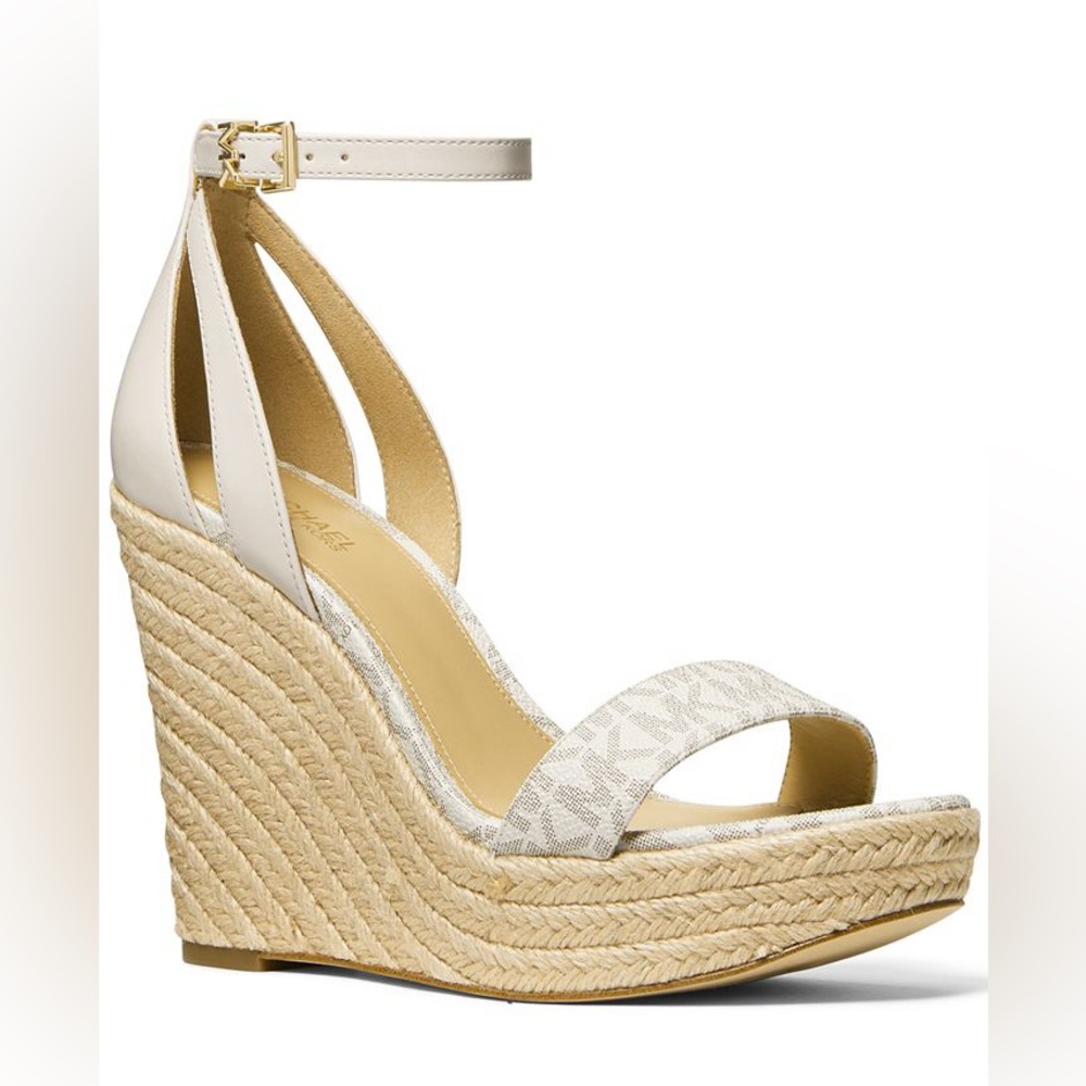 Michael Kors “Kimberly” MK logo beige vanilla wedge espadrille sandals 10